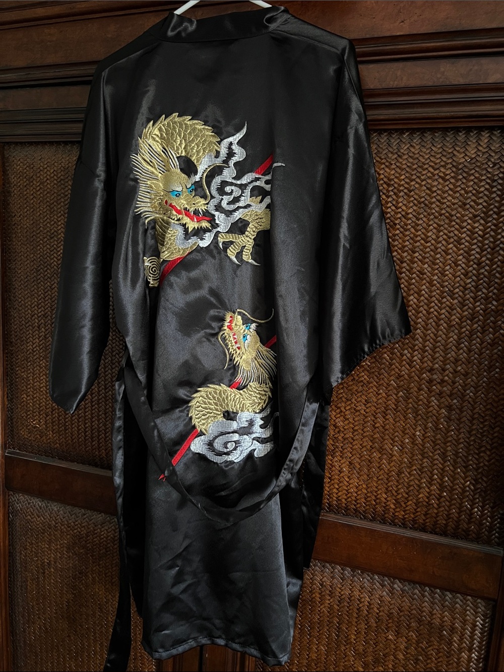 Black Satin Dragon Embroidered Kimono Robe